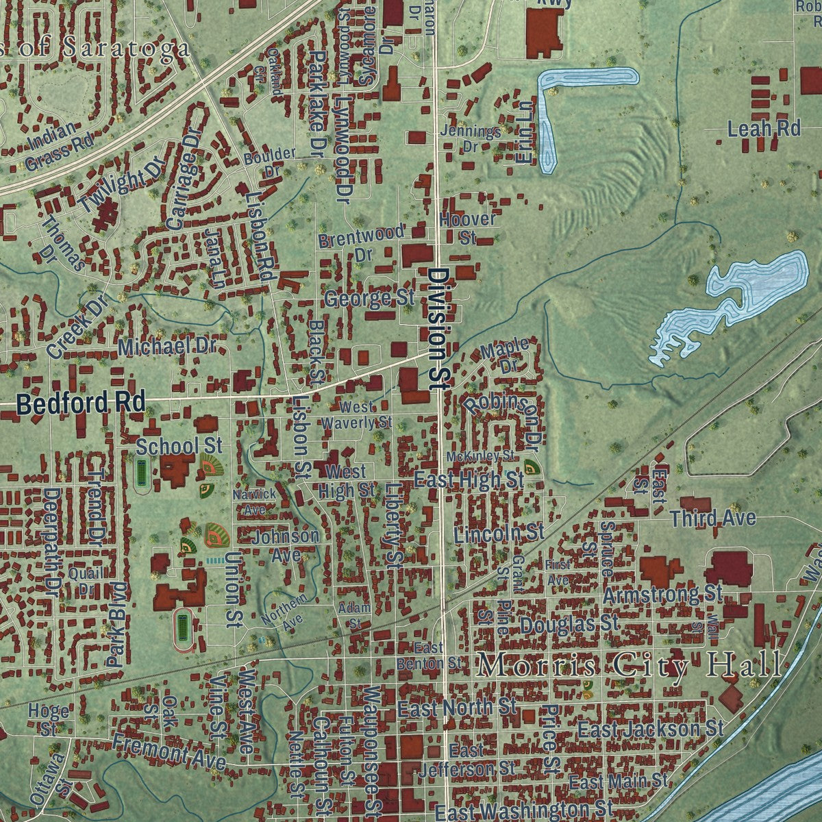 Close-up of the map of Morris, Illinois print showing street and building detail