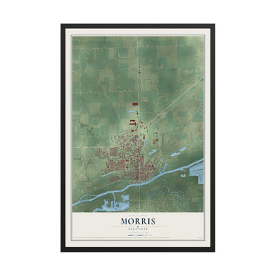 Map of Morris, Illinois, 12 x 18 inch print in a black wood frame