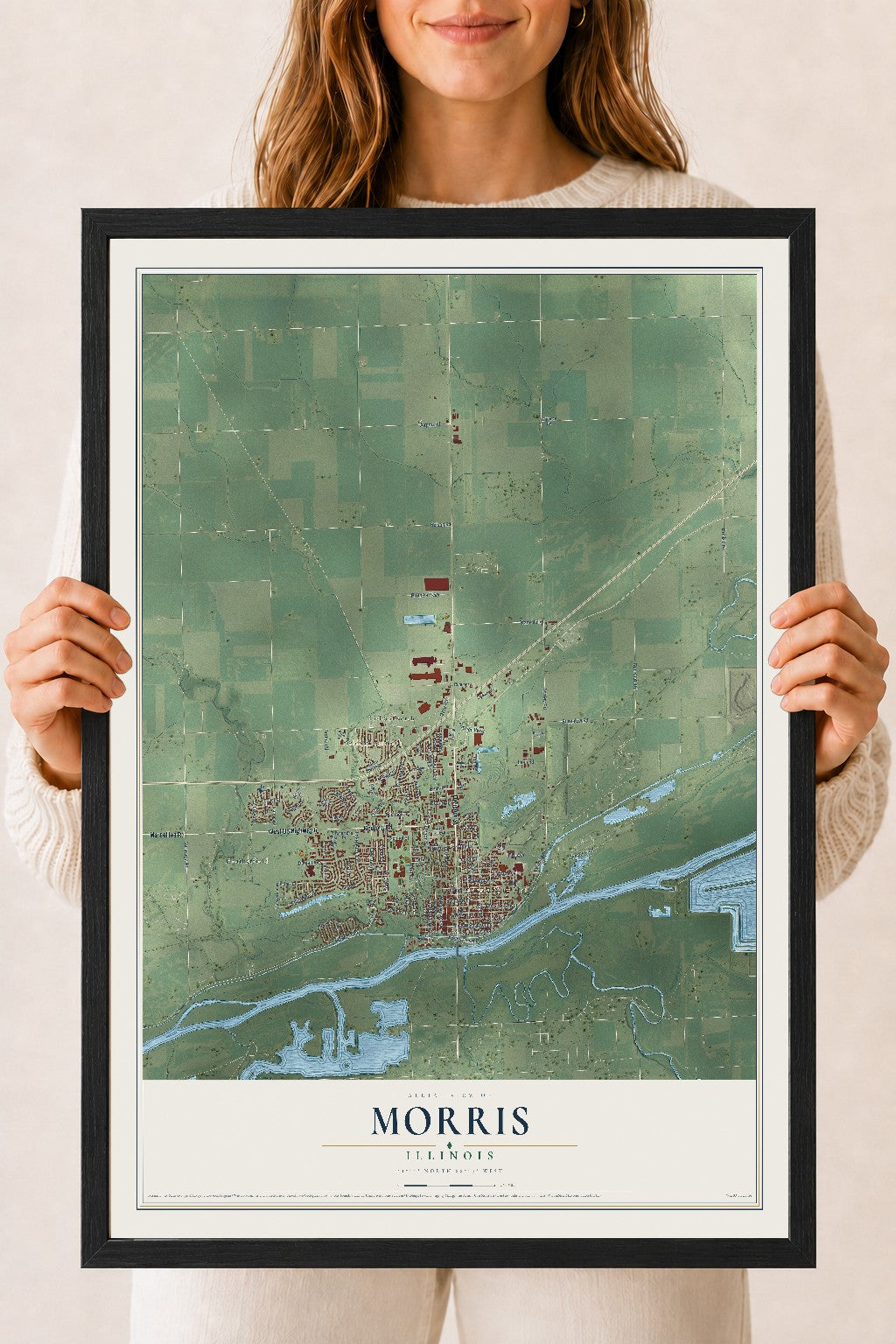Map of Morris, Illinois, 18 x 24 inch print in a black wood frame
