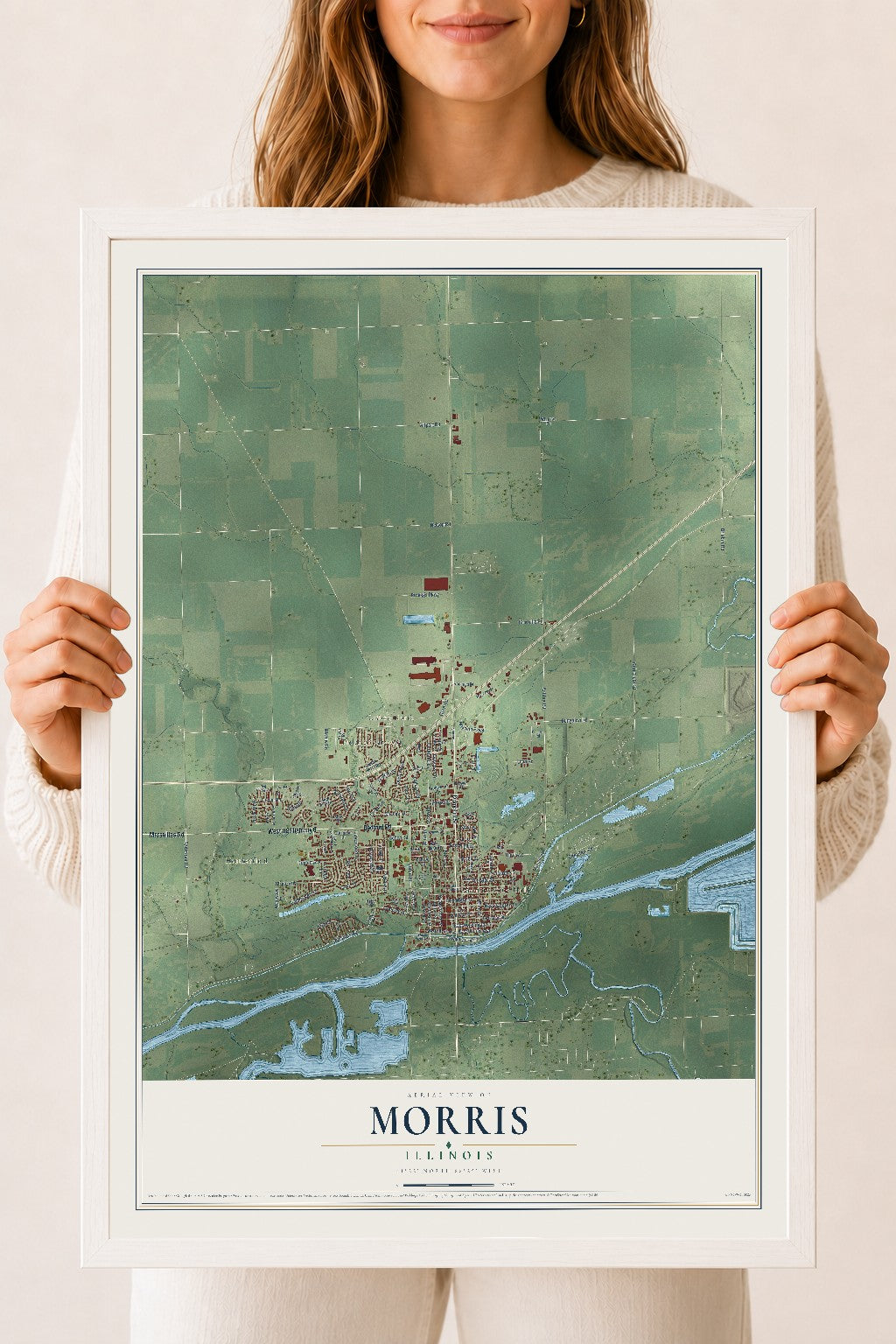 Map of Morris, Illinois, 18 x 24 inch print in a white wood frame