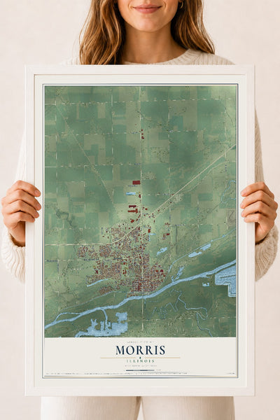Map of Morris, Illinois, 18 x 24 inch print in a white wood frame