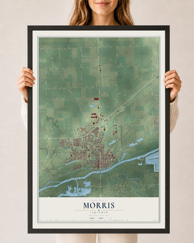 Map of Morris, Illinois, 24 x 36 inch print in a black wood frame