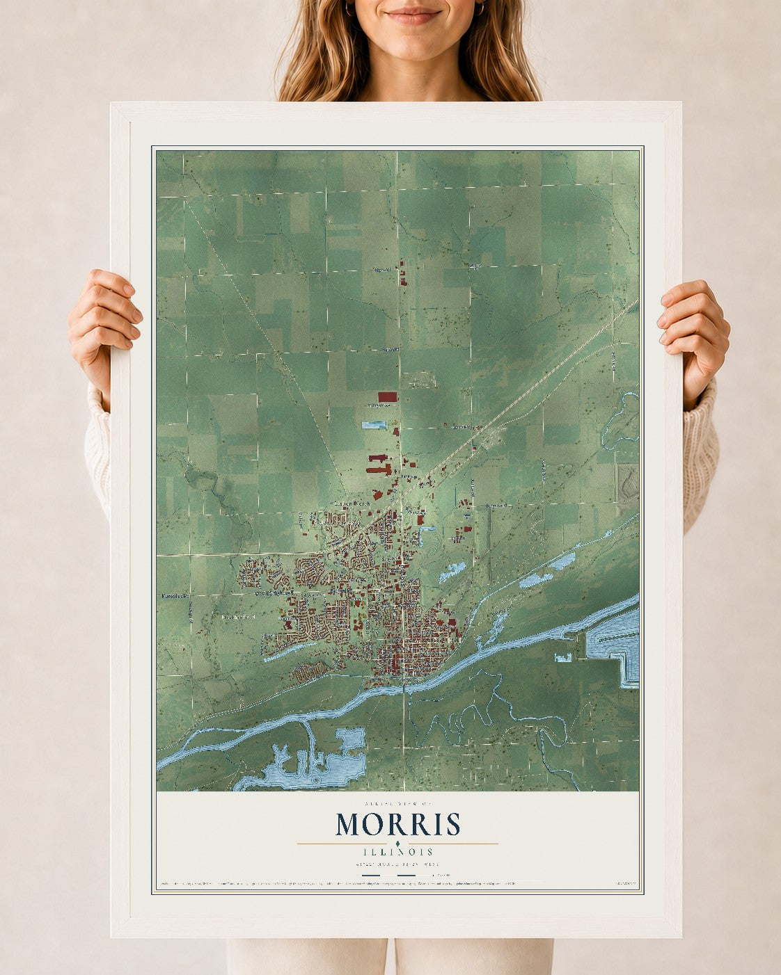 Map of Morris, Illinois, 24 x 36 inch print in a white wood frame