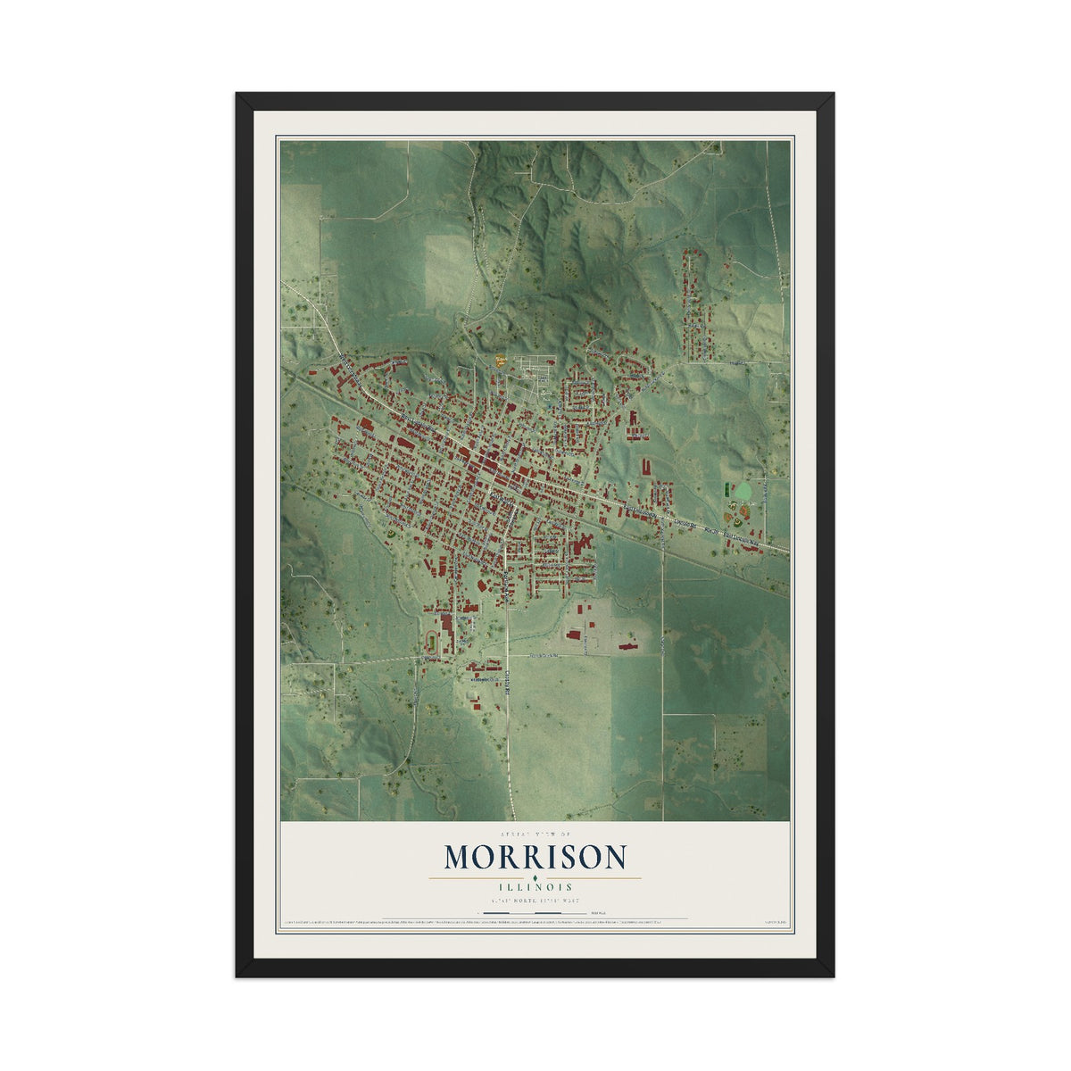Map of Morrison, Illinois, 12 x 18 inch print in a black wood frame