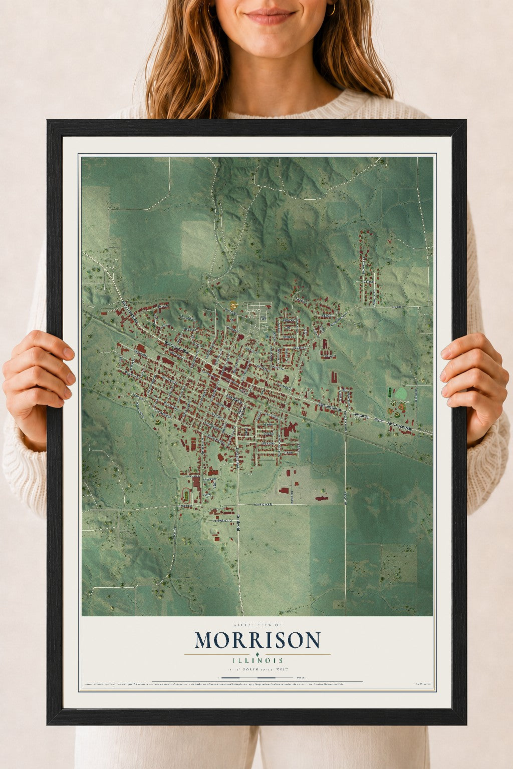 Map of Morrison, Illinois, 18 x 24 inch print in a black wood frame