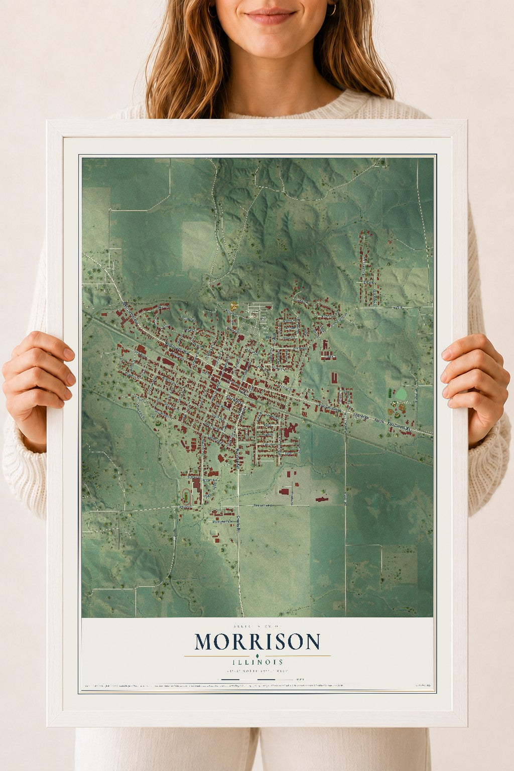 Map of Morrison, Illinois, 18 x 24 inch print in a white wood frame