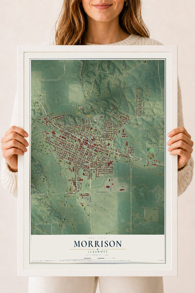 Map of Morrison, Illinois, 18 x 24 inch print in a white wood frame