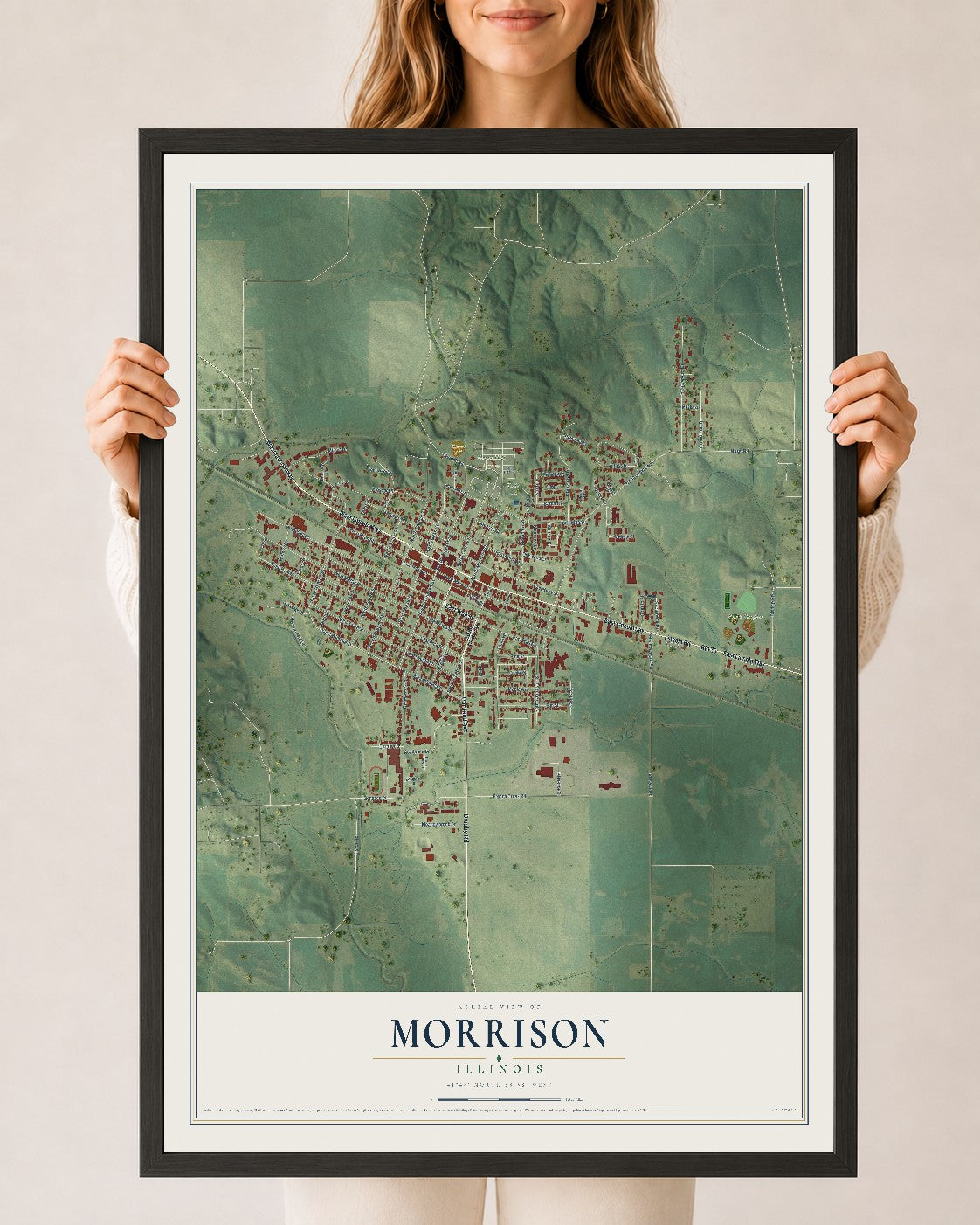 Map of Morrison, Illinois, 24 x 36 inch print in a black wood frame
