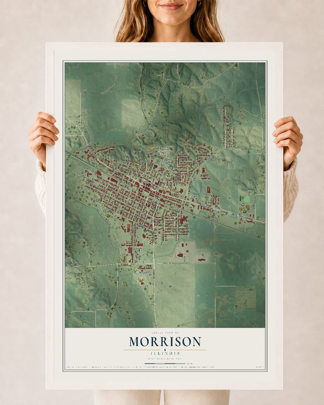 Map of Morrison, Illinois, 24 x 36 inch print in a white wood frame