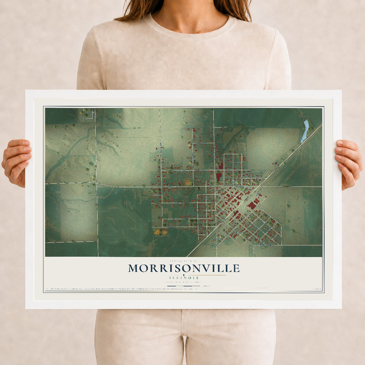 Map of Morrisonville, Illinois, 12 x 18 inch print in a white wood frame