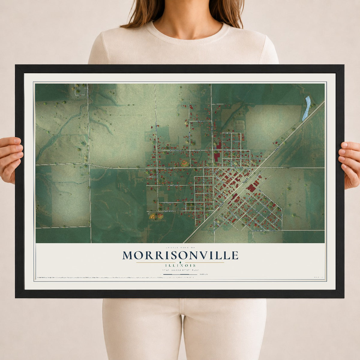 Map of Morrisonville, Illinois, 18 x 24 inch print in a black wood frame