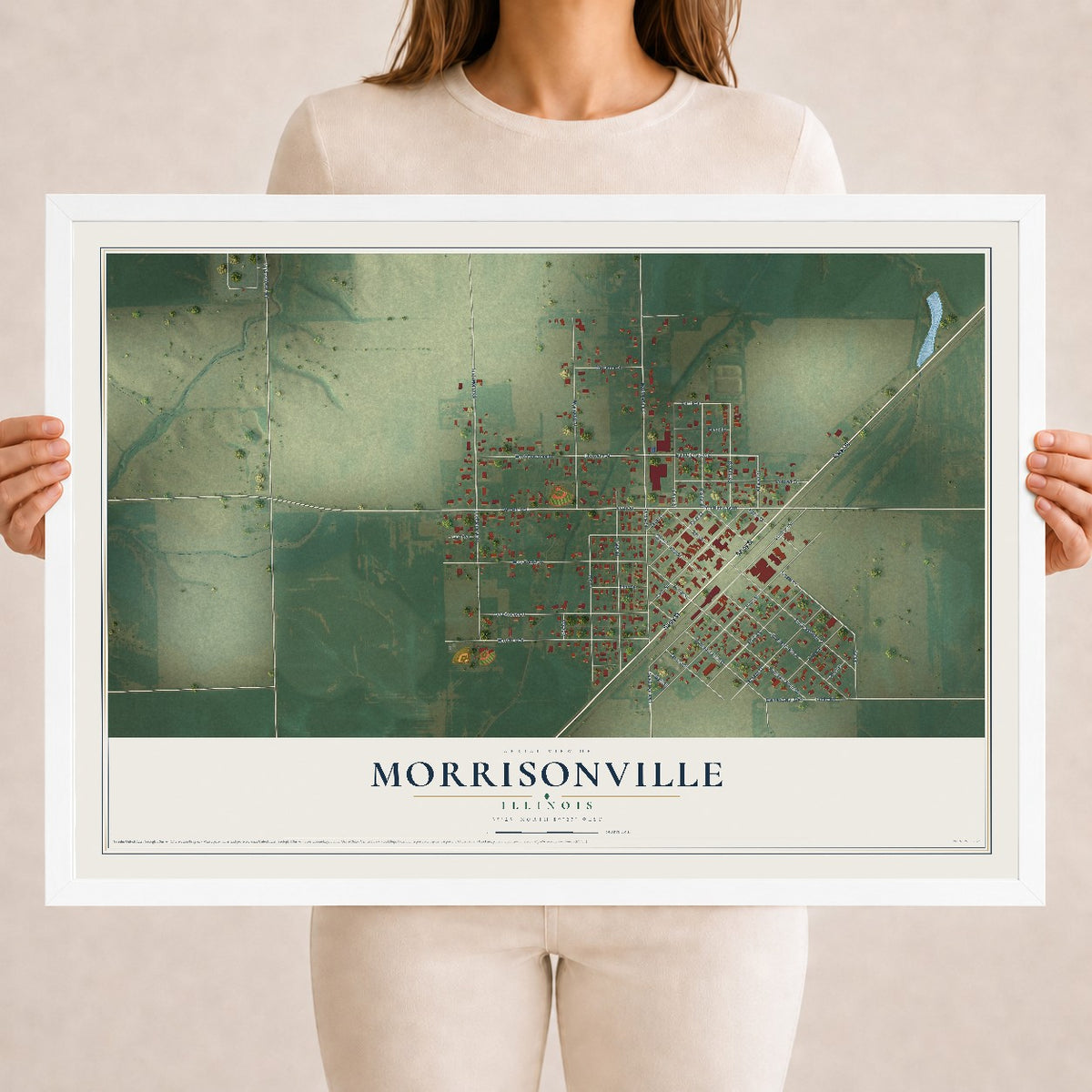 Map of Morrisonville, Illinois, 18 x 24 inch print in a white wood frame