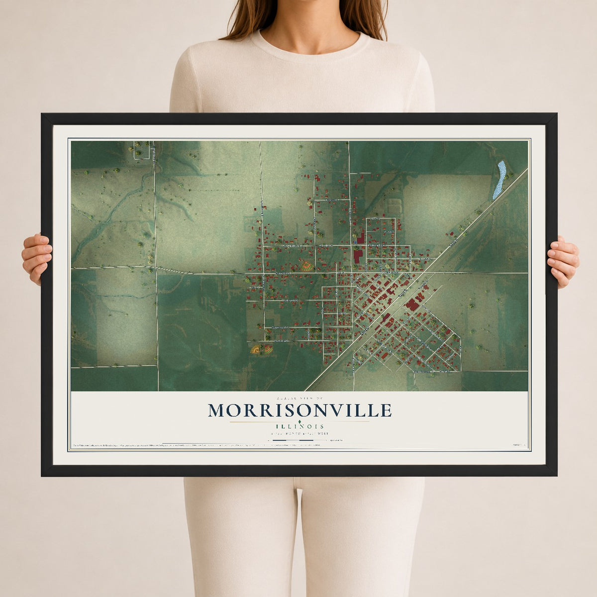 Map of Morrisonville, Illinois, 24 x 36 inch print in a black wood frame