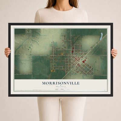 Map of Morrisonville, Illinois, 24 x 36 inch print in a black wood frame