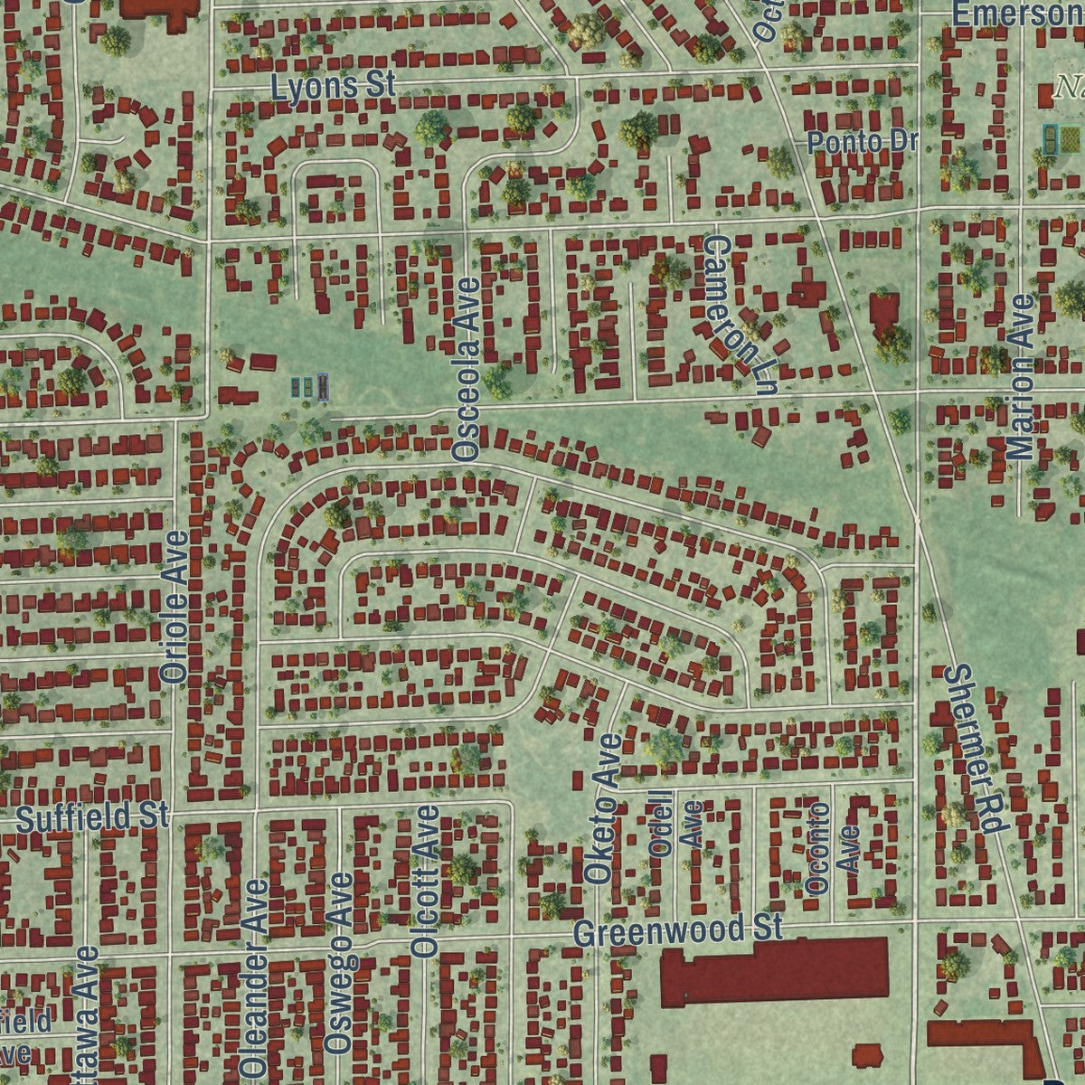 Close-up of the map of Morton Grove, Illinois print showing street and building detail