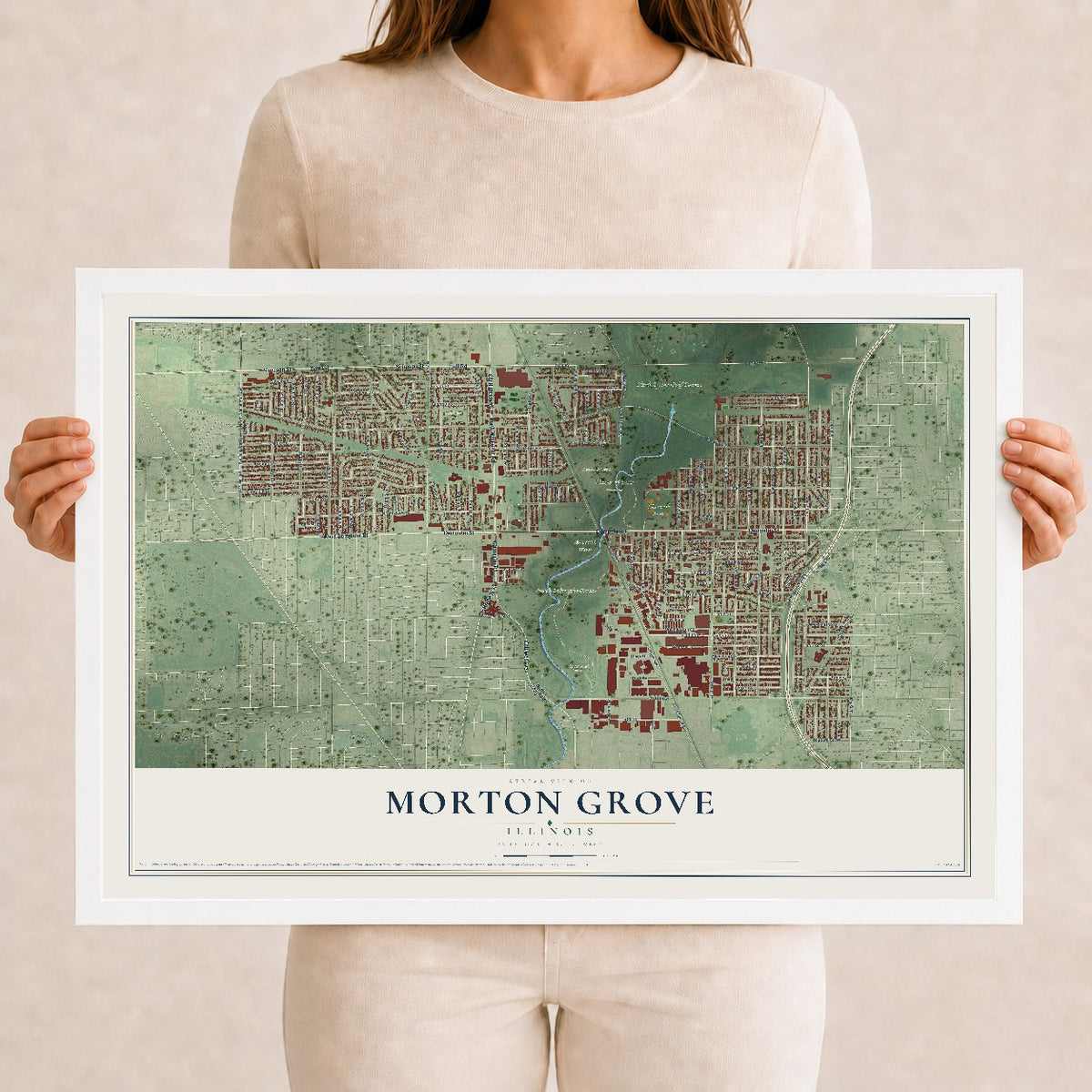 Map of Morton Grove, Illinois, 12 x 18 inch print in a white wood frame