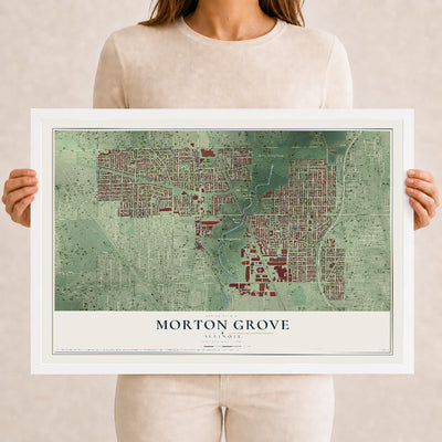 Map of Morton Grove, Illinois, 12 x 18 inch print in a white wood frame