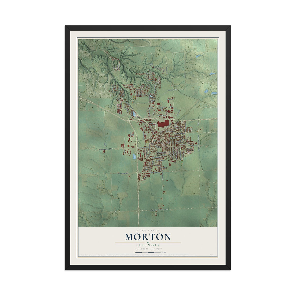 Map of Morton, Illinois, 12 x 18 inch print in a black wood frame