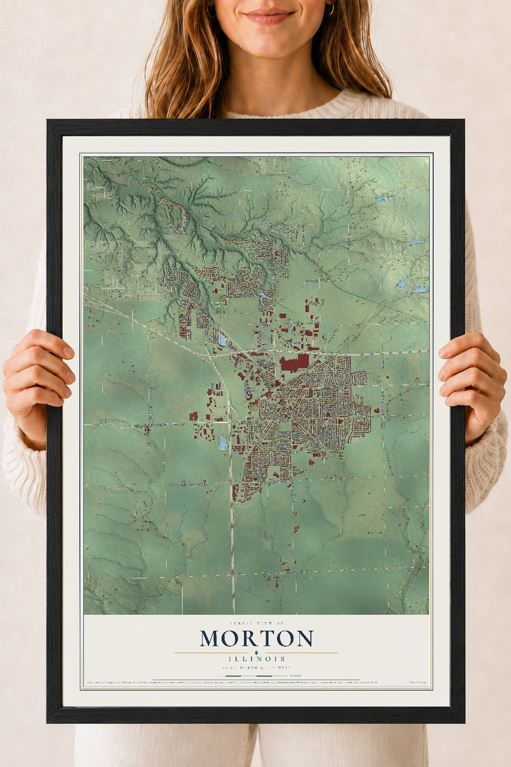 Map of Morton, Illinois, 18 x 24 inch print in a black wood frame