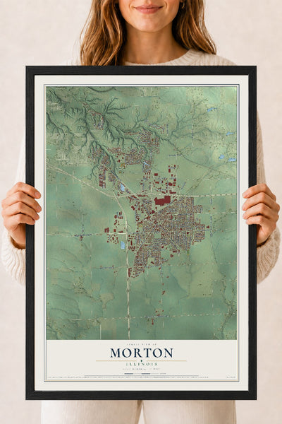 Map of Morton, Illinois, 18 x 24 inch print in a black wood frame