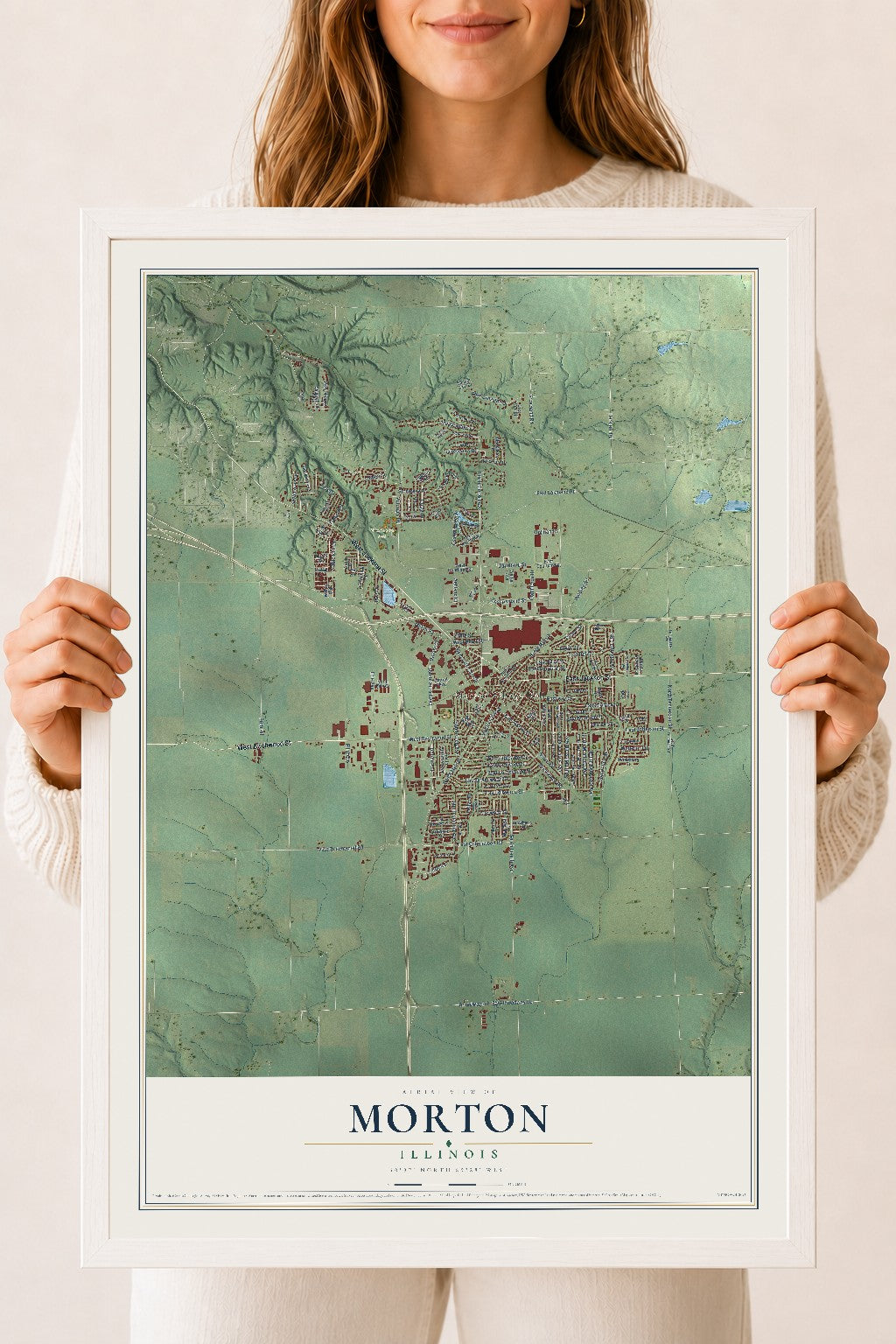 Map of Morton, Illinois, 18 x 24 inch print in a white wood frame