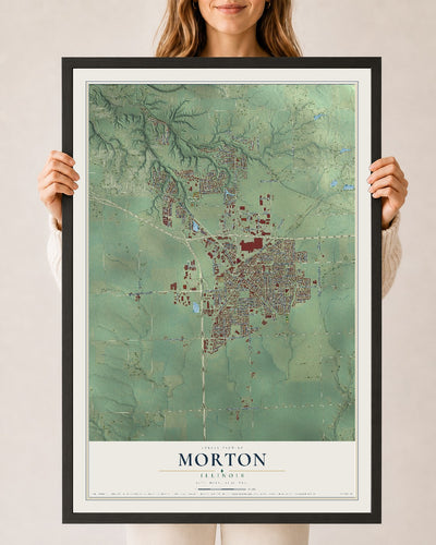 Map of Morton, Illinois, 24 x 36 inch print in a black wood frame