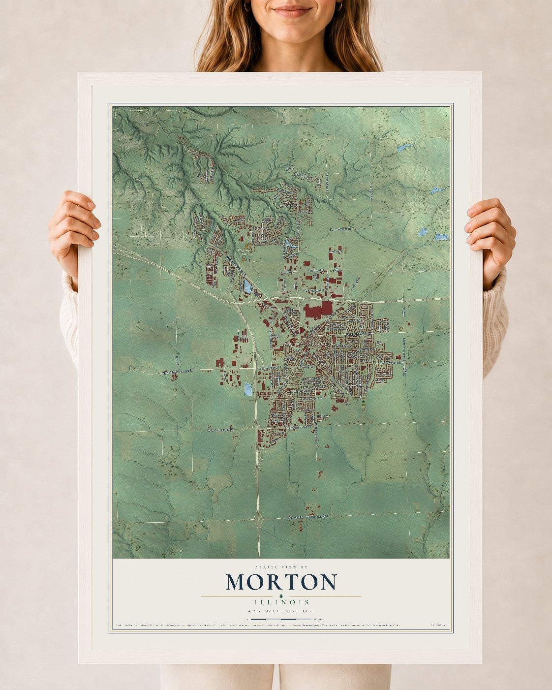 Map of Morton, Illinois, 24 x 36 inch print in a white wood frame
