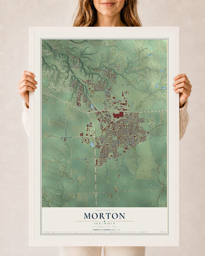 Map of Morton, Illinois, 24 x 36 inch print in a white wood frame