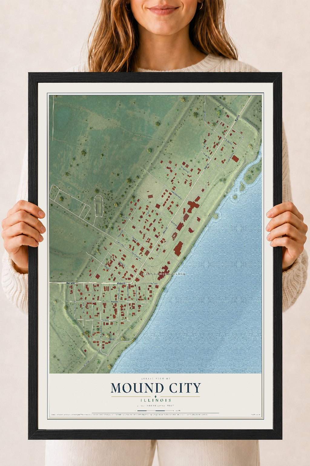 Map of Mound City, Illinois, 18 x 24 inch print in a black wood frame