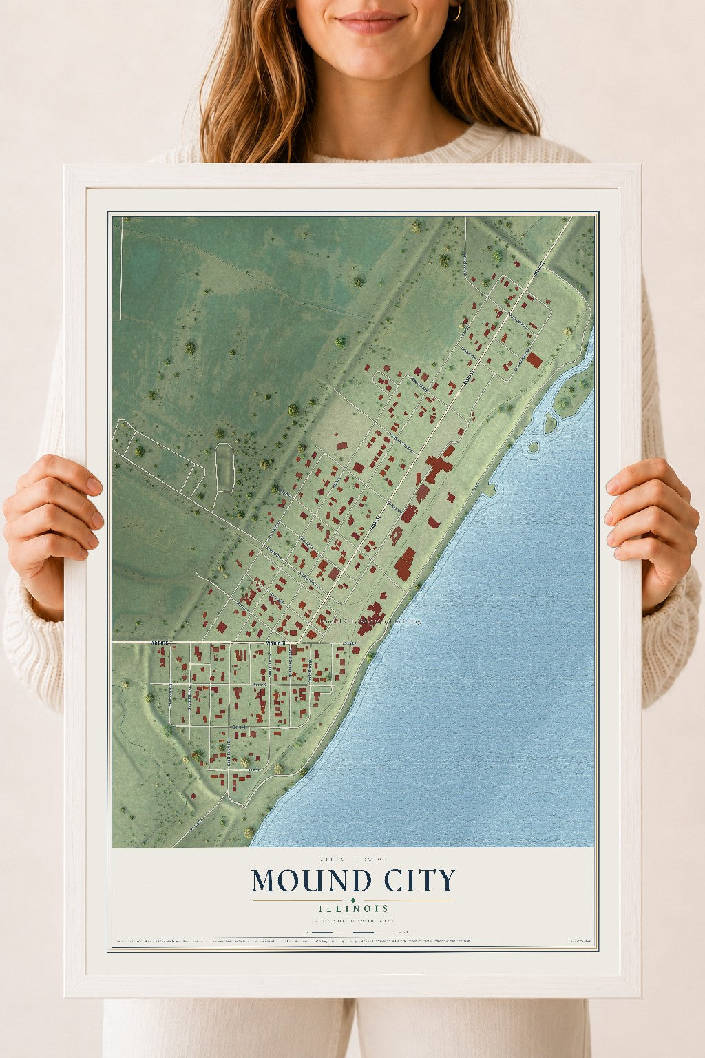 Map of Mound City, Illinois, 18 x 24 inch print in a white wood frame