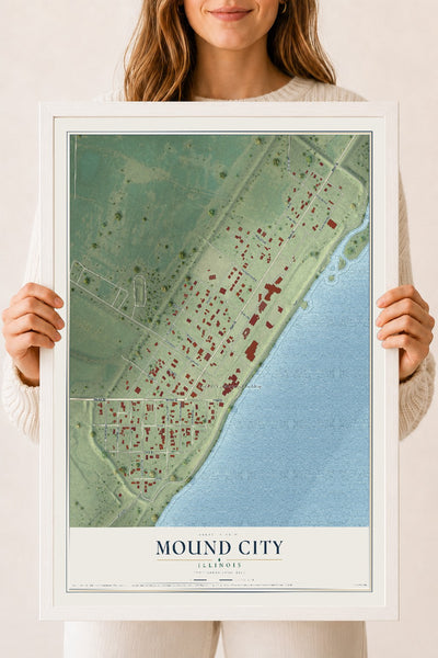 Map of Mound City, Illinois, 18 x 24 inch print in a white wood frame