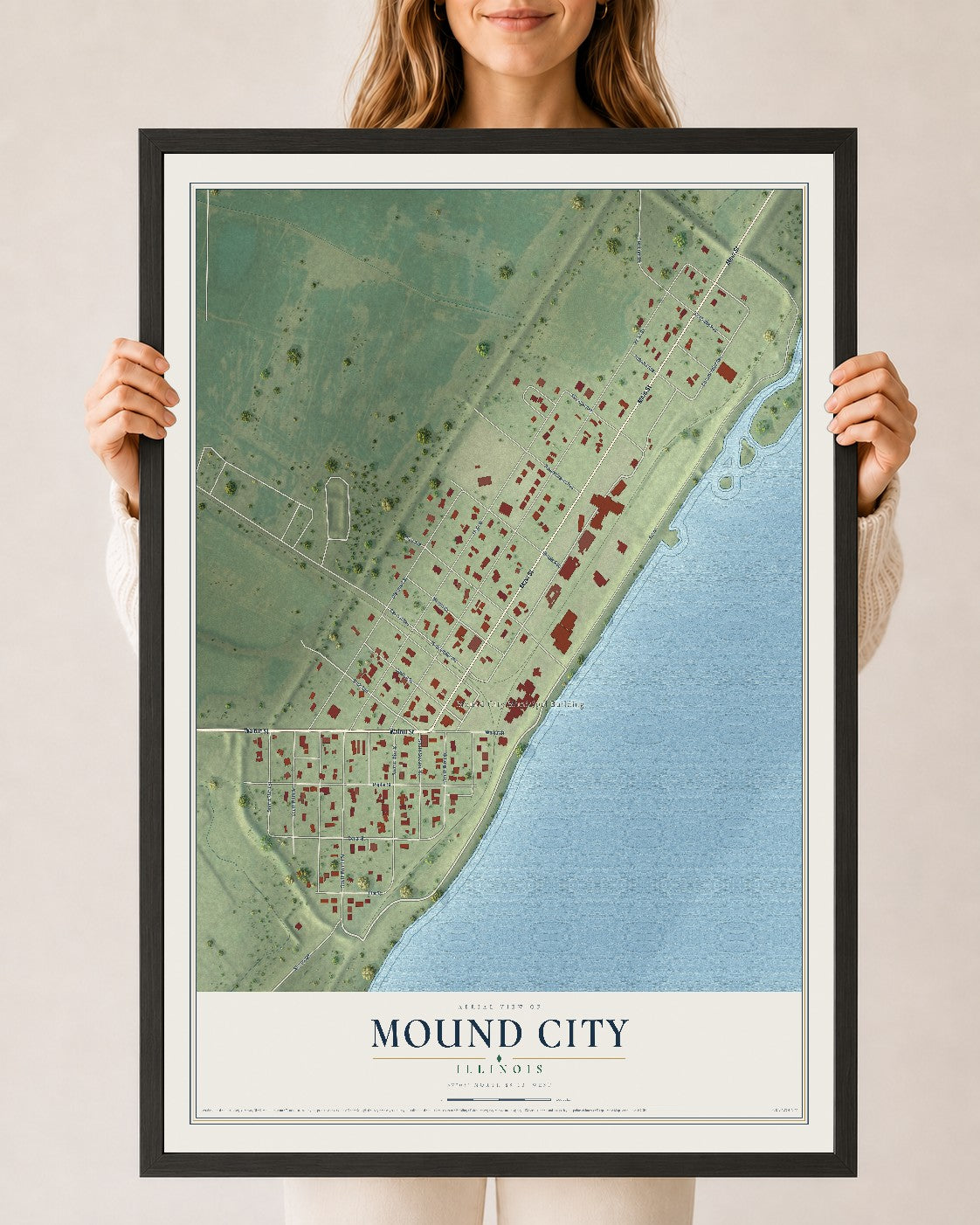 Map of Mound City, Illinois, 24 x 36 inch print in a black wood frame