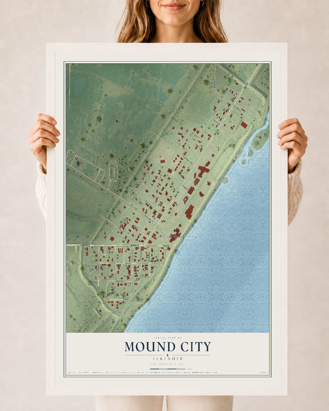 Map of Mound City, Illinois, 24 x 36 inch print in a white wood frame