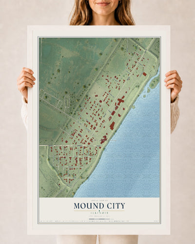Map of Mound City, Illinois, 24 x 36 inch print in a white wood frame