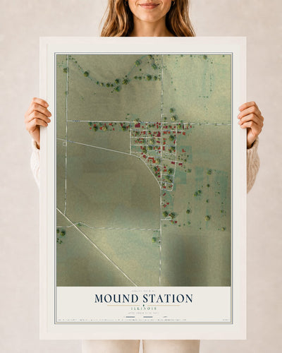 Map of Mound Station, Illinois, 24 x 36 inch print in a white wood frame