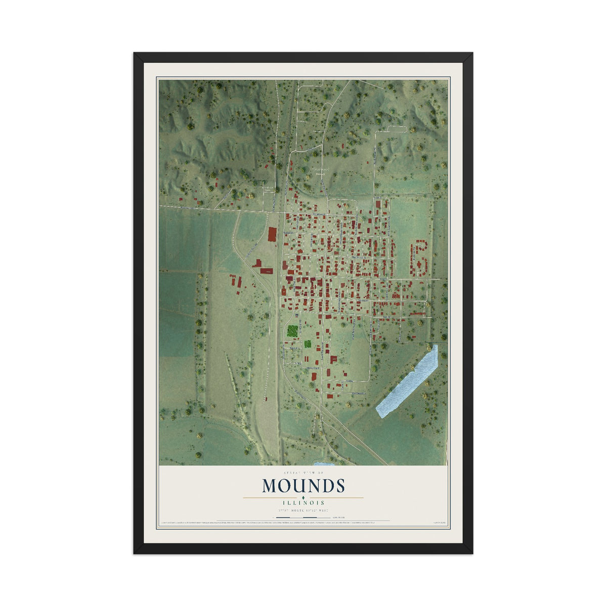 Map of Mounds, Illinois, 12 x 18 inch print in a black wood frame