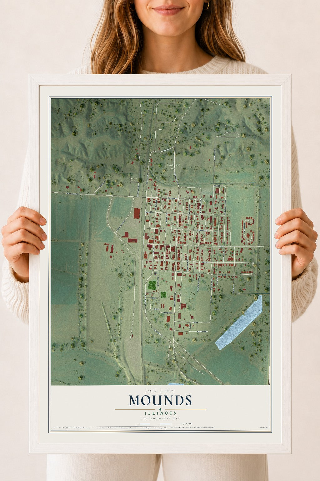 Map of Mounds, Illinois, 18 x 24 inch print in a white wood frame