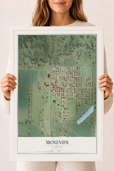 Map of Mounds, Illinois, 18 x 24 inch print in a white wood frame