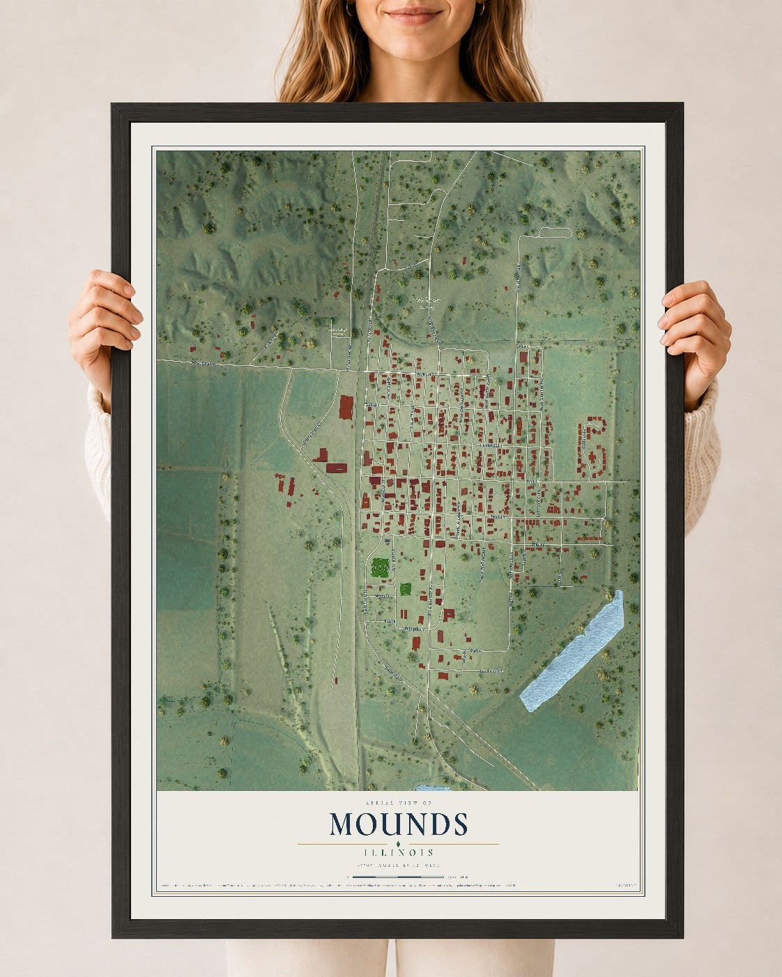 Map of Mounds, Illinois, 24 x 36 inch print in a black wood frame
