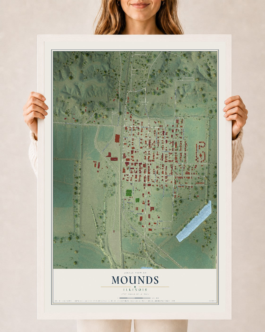 Map of Mounds, Illinois, 24 x 36 inch print in a white wood frame