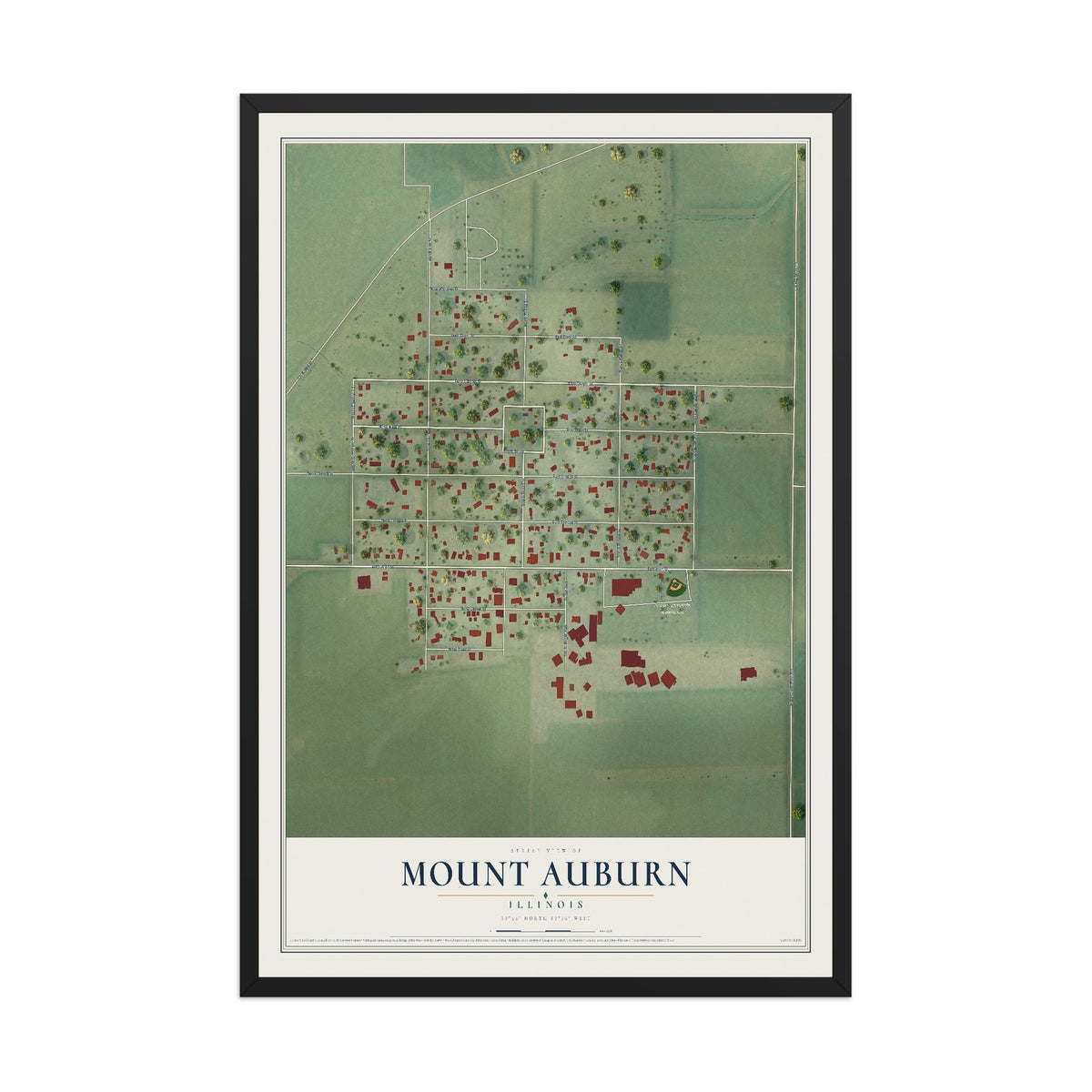 Map of Mount Auburn, Illinois, 12 x 18 inch print in a black wood frame