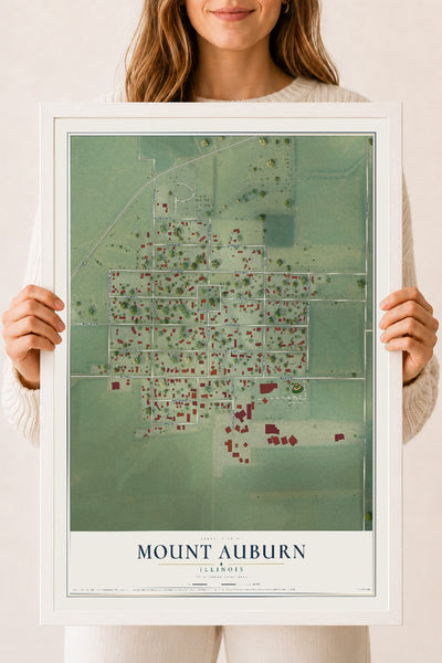 Map of Mount Auburn, Illinois, 18 x 24 inch print in a white wood frame
