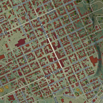 Close-up of the map of Mount Carmel, Illinois print showing street and building detail
