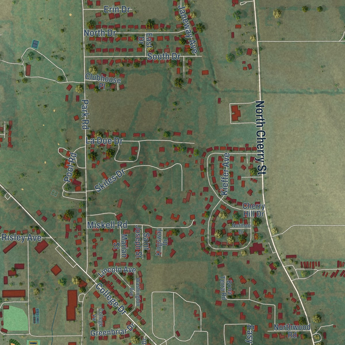 Second close-up of the map of Mount Carmel, Illinois print showing more streets and buildings