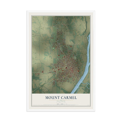 Map of Mount Carmel, Illinois, 12 x 18 inch print in a white wood frame