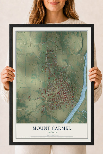Map of Mount Carmel, Illinois, 18 x 24 inch print in a black wood frame