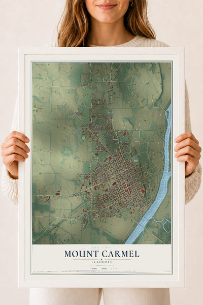 Map of Mount Carmel, Illinois, 18 x 24 inch print in a white wood frame