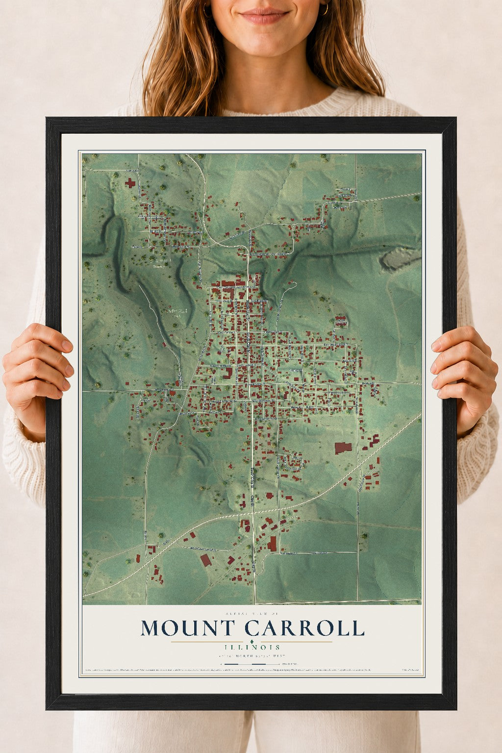 Map of Mount Carroll, Illinois, 18 x 24 inch print in a black wood frame
