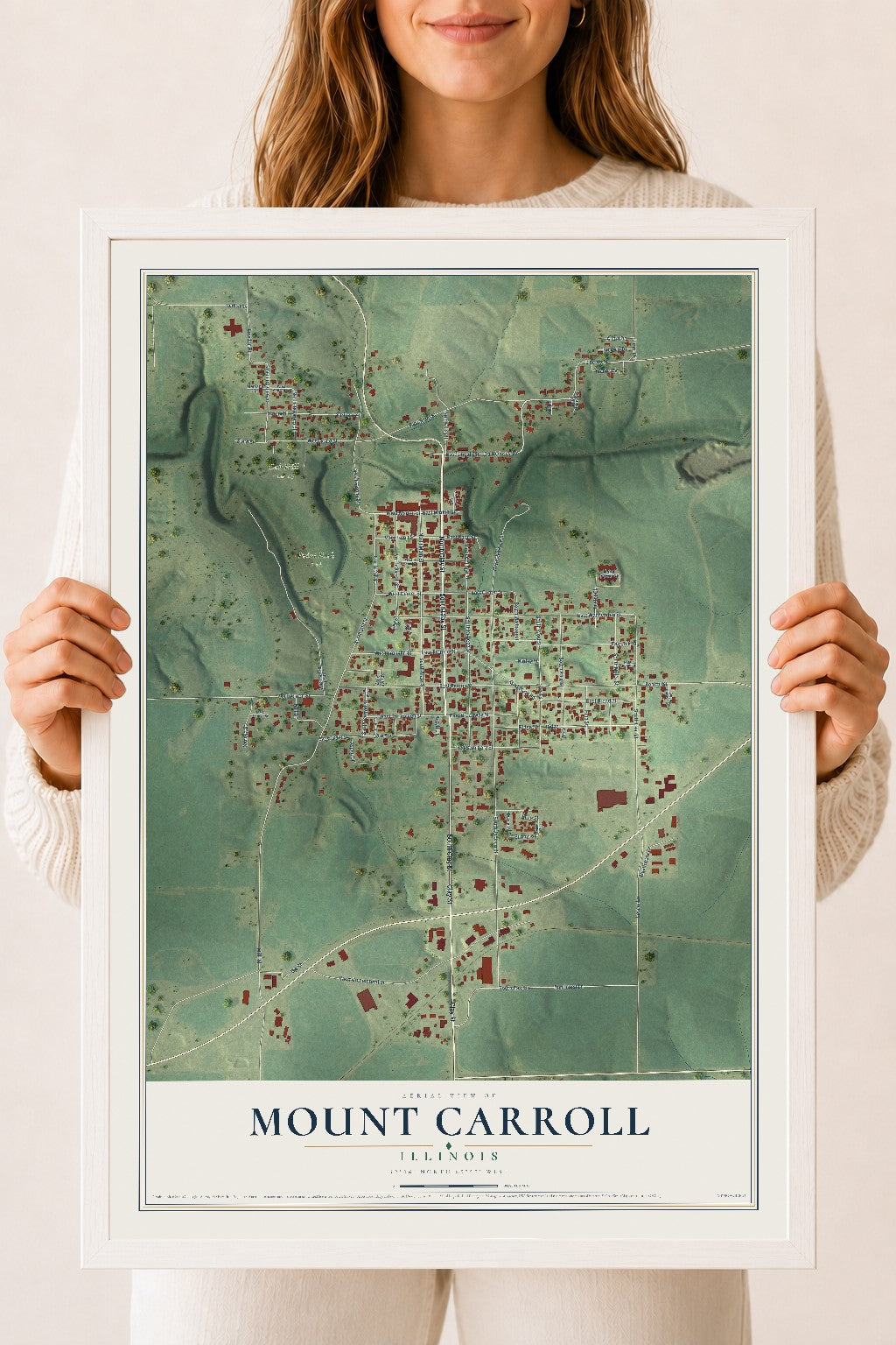 Map of Mount Carroll, Illinois, 18 x 24 inch print in a white wood frame
