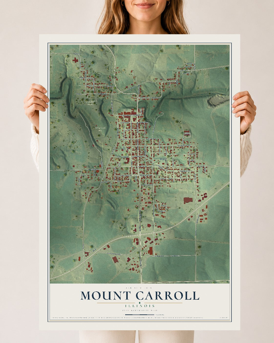 Map of Mount Carroll, Illinois, 24 x 36 inch unframed archival matte print